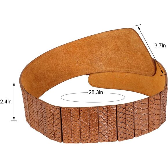 Women's Wide Elastic Stretch Waist Belt Adjustable Dress Belt Brown Gold Buckle - Picture 5 of 6